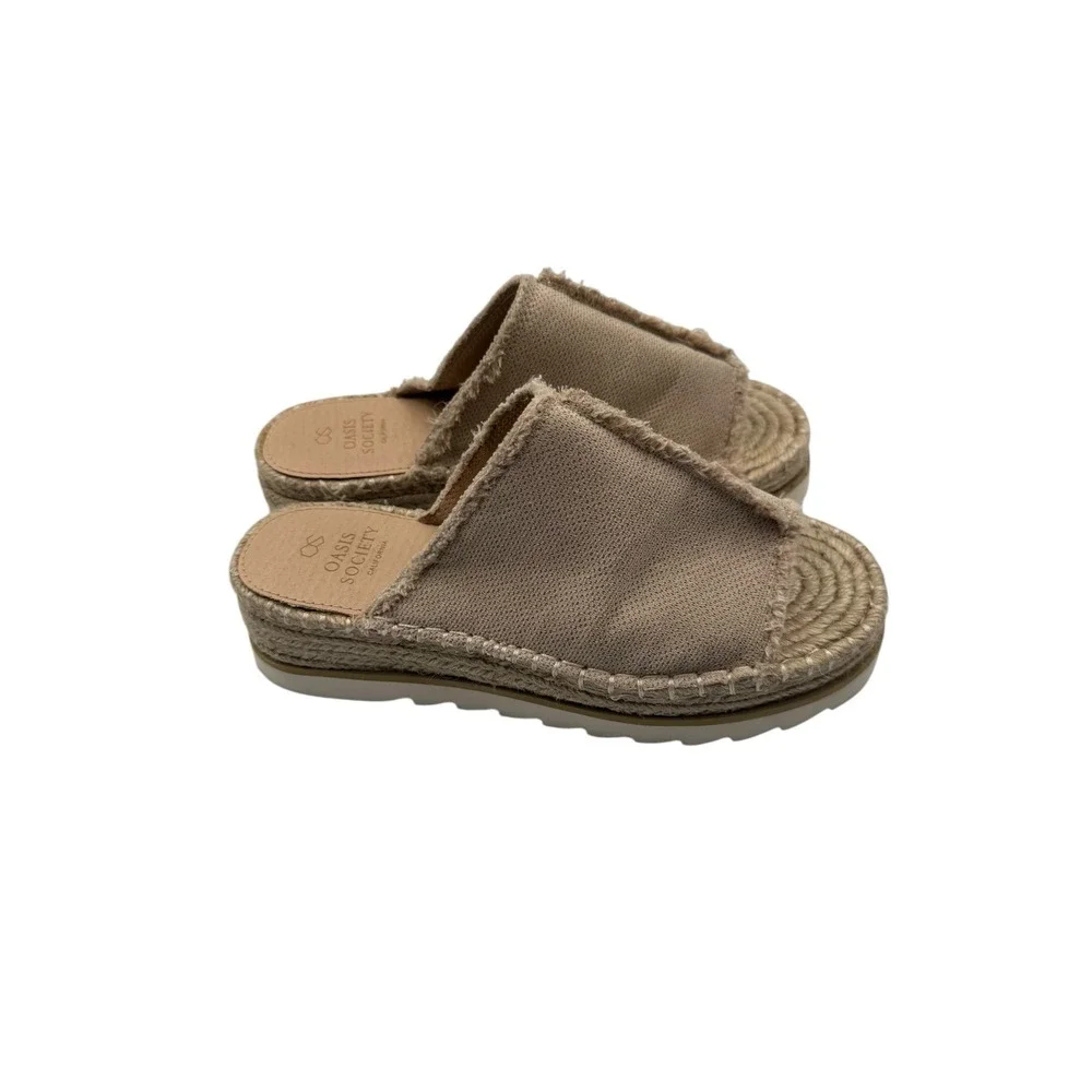 Oasis Society Womens Tan Frayed Canvas Espadrille Platform Slide Sandals Size 7